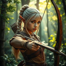 A mystical forest scene featuring a green-eyed elf archer with a braided ponytail of blond hair, complemented by an undercut hairstyle