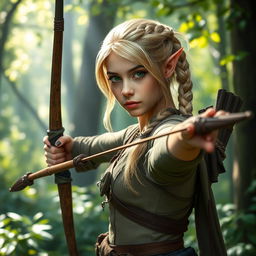 A mystical forest scene featuring a green-eyed elf archer with a braided ponytail of blond hair, complemented by an undercut hairstyle