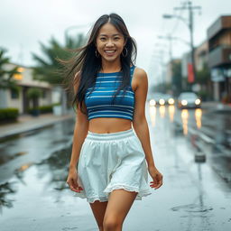 A 28-year-old Asian girl with long, flowing hair is happily walking in the rain, a bright smile on her face that radiates joy and positivity