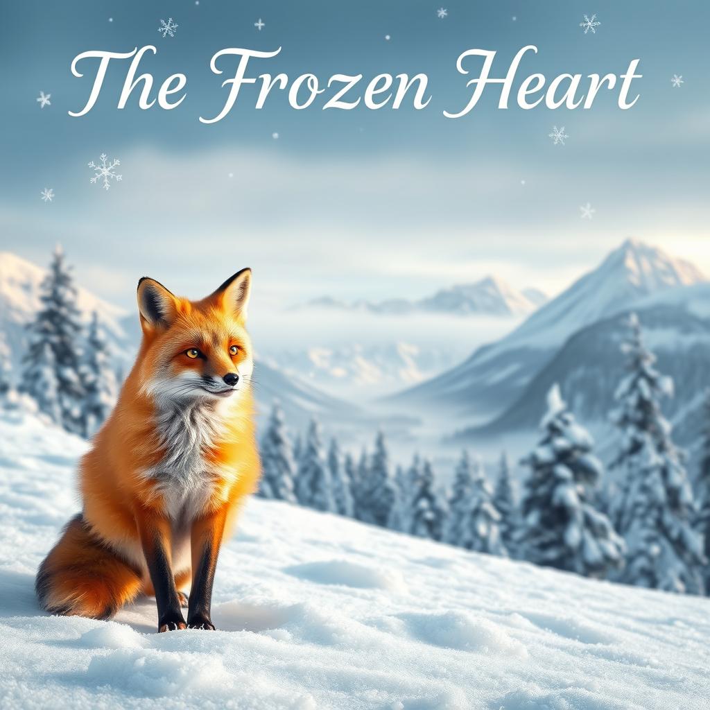 A stunning fantasy book cover for 'The Frozen Heart', featuring a serene snow landscape blanketed in soft, glistening white snow