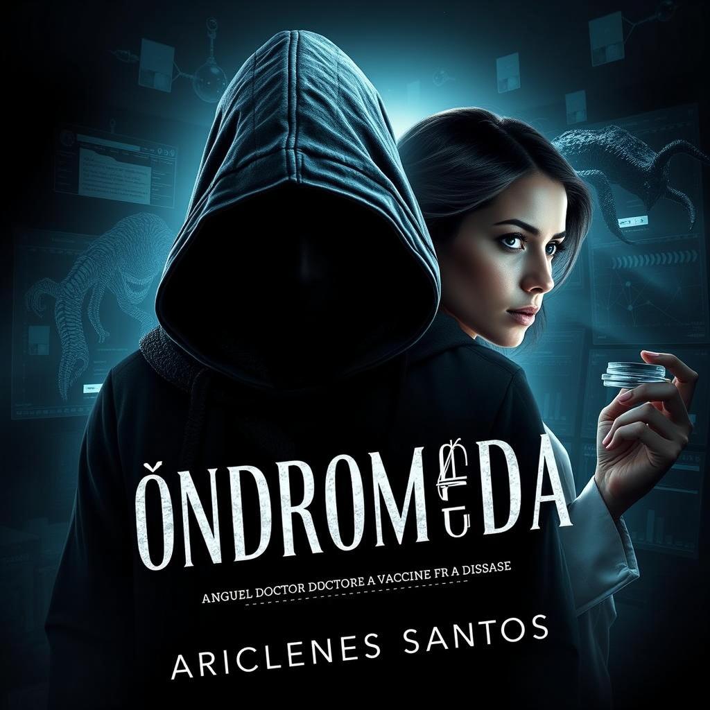 A captivating and dark book cover for the novel 'Andromeda', featuring an Angolan doctor and his research team dedicated to discovering a vaccine for a global disease