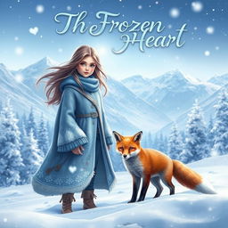 An enchanting fantasy book cover for 'The Frozen Heart', depicting a breathtaking snow landscape filled with soft, luminous snowflakes and glistening frost