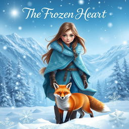 An enchanting fantasy book cover for 'The Frozen Heart', depicting a breathtaking snow landscape filled with soft, luminous snowflakes and glistening frost