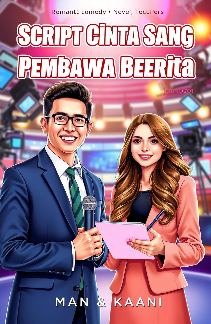 A romantic comedy novel cover for the book titled 'Script Cinta Sang Pembawa Berita'