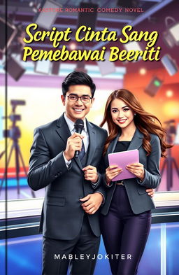 A romantic comedy novel cover for the book titled 'Script Cinta Sang Pembawa Berita'