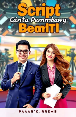 A romantic comedy novel cover for the book titled 'Script Cinta Sang Pembawa Berita'