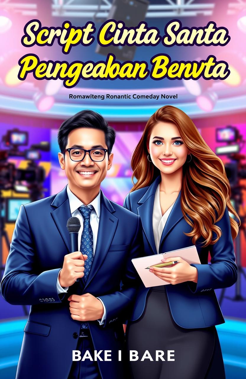 A romantic comedy novel cover for the book titled 'Script Cinta Sang Pembawa Berita'