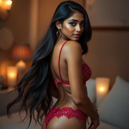 A stunning Indian young woman with long, flowing hair that cascades gracefully down her back