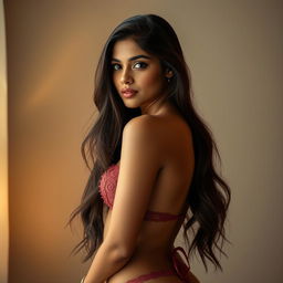 A stunning Indian young woman with long, flowing hair that cascades gracefully down her back