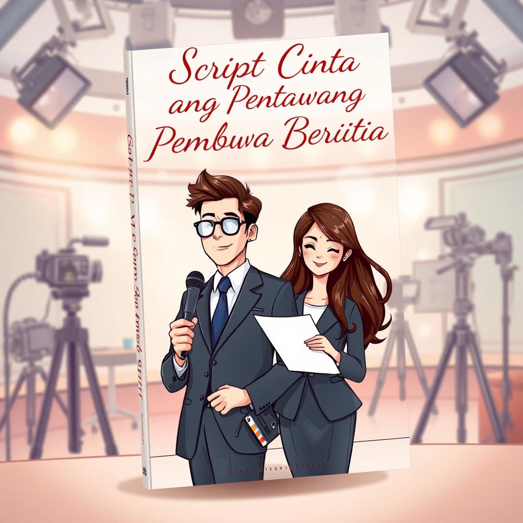 A gravis-style novel cover for the romantic comedy book titled 'Script Cinta Sang Pembawa Berita'