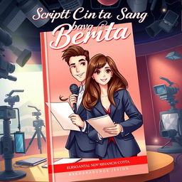 A gravis-style novel cover for the romantic comedy book titled 'Script Cinta Sang Pembawa Berita'