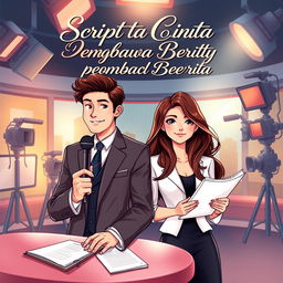 A gravis-style novel cover for the romantic comedy book titled 'Script Cinta Sang Pembawa Berita'