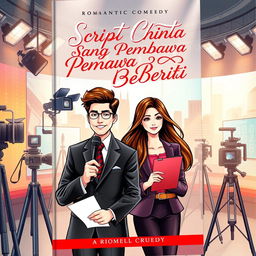 A gravis-style novel cover for the romantic comedy book titled 'Script Cinta Sang Pembawa Berita'