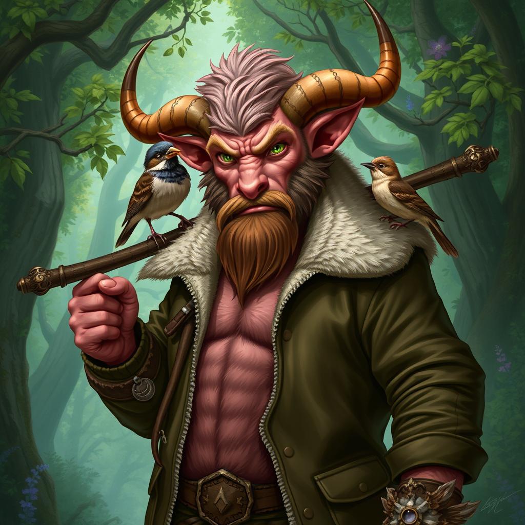 A firbolg druid character, wearing an open aviator jacket, showcasing a hairy chest