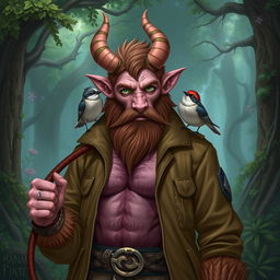 A firbolg druid character, wearing an open aviator jacket, showcasing a hairy chest