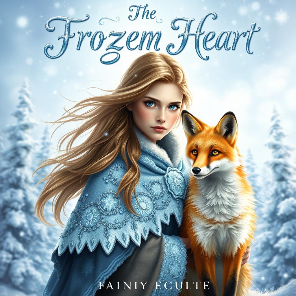 A captivating fantasy book cover for 'The Frozen Heart', showcasing a mystical scene featuring a brave girl and her loyal fox