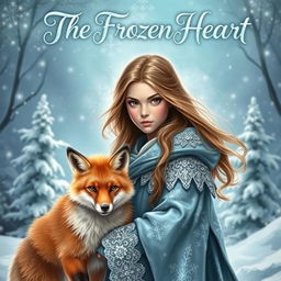 A captivating fantasy book cover for 'The Frozen Heart', showcasing a mystical scene featuring a brave girl and her loyal fox