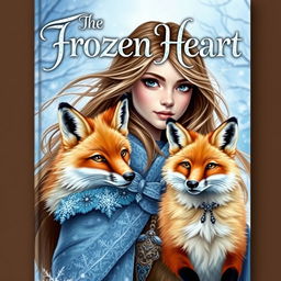 A captivating fantasy book cover for 'The Frozen Heart', showcasing a mystical scene featuring a brave girl and her loyal fox