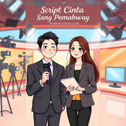 A gravis-style novel cover for the romantic comedy book titled 'Script Cinta Sang Pembawa Berita'