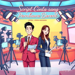 A gravis-style novel cover for the romantic comedy book titled 'Script Cinta Sang Pembawa Berita'