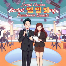 A gravis-style novel cover for the romantic comedy book titled 'Script Cinta Sang Pembawa Berita'