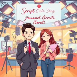 A gravis-style novel cover for the romantic comedy book titled 'Script Cinta Sang Pembawa Berita'