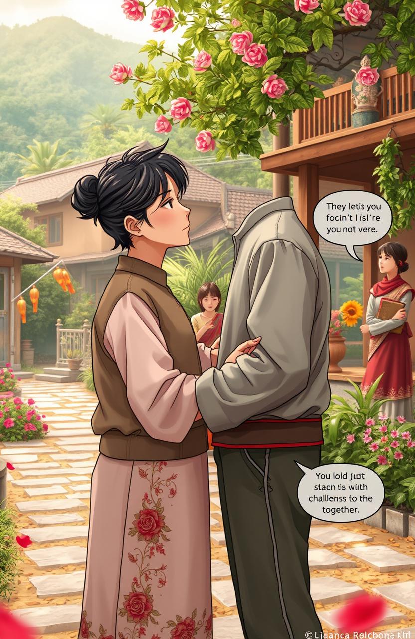 A romantic contemporary scene set in a traditional village, showcasing the theme of true love between realistic characters