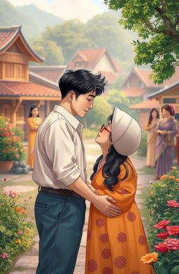 A romantic contemporary scene set in a traditional village, showcasing the theme of true love between realistic characters