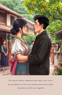 A romantic contemporary scene set in a traditional village, showcasing the theme of true love between realistic characters