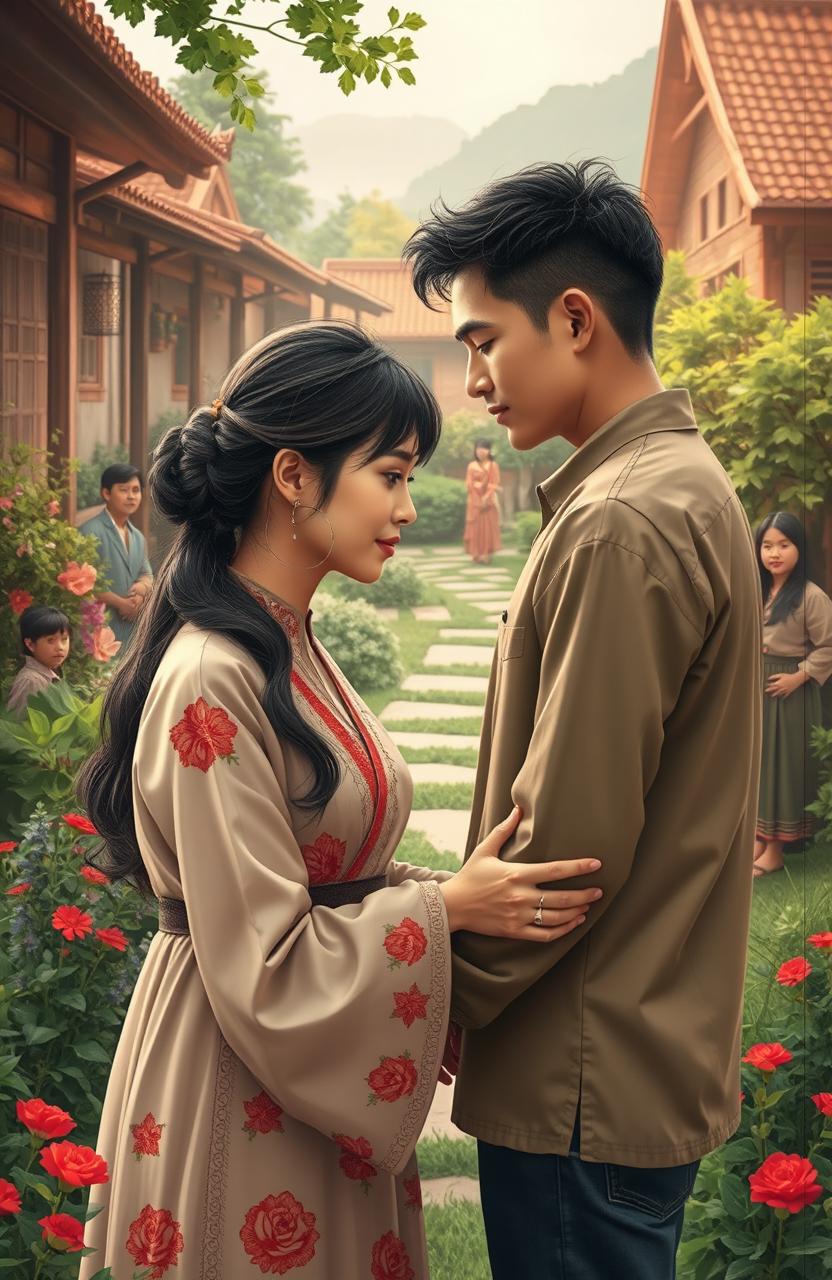 A romantic contemporary scene set in a traditional village, showcasing the theme of true love between realistic characters