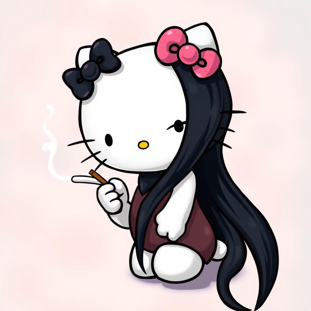 A whimsical rendition of Hello Kitty, reimagined with long, sleek black hair cascading down her side