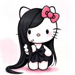 A whimsical rendition of Hello Kitty, reimagined with long, sleek black hair cascading down her side