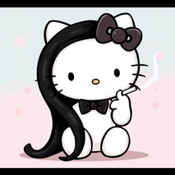 A whimsical rendition of Hello Kitty, reimagined with long, sleek black hair cascading down her side