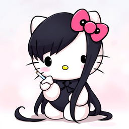 A whimsical rendition of Hello Kitty, reimagined with long, sleek black hair cascading down her side