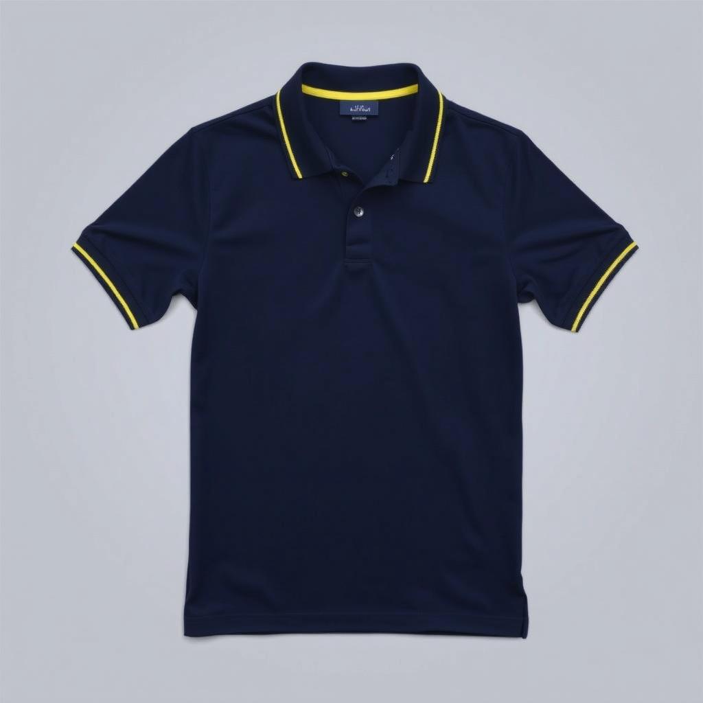 A flat lay of a navy blue polo shirt featuring yellow accents on the collar and sleeves