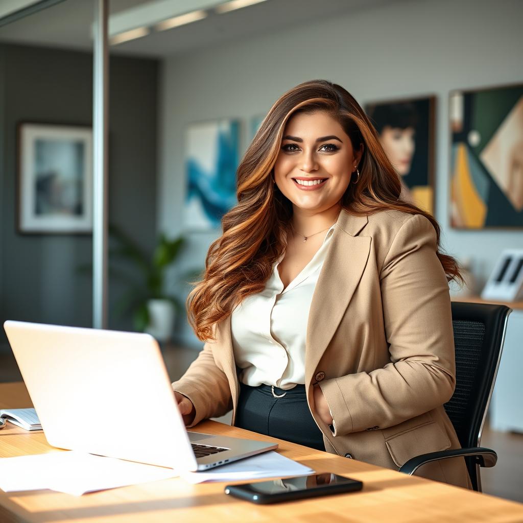 A chubby Russian woman in a modern office setting, confidently working at her desk