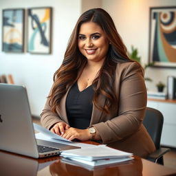 A chubby Russian woman in a modern office setting, confidently working at her desk