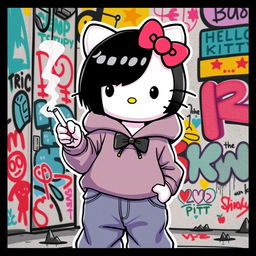 A trendy and modern interpretation of Hello Kitty, featuring her with short black hair styled in a cute bob