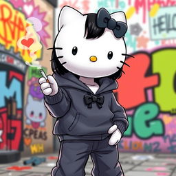 A trendy and modern interpretation of Hello Kitty, featuring her with short black hair styled in a cute bob