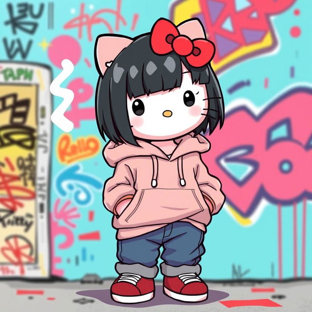 A trendy and modern interpretation of Hello Kitty, featuring her with short black hair styled in a cute bob