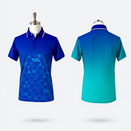 A stylish and modern polo shirt design featuring a vibrant color scheme with a gradient from deep blue to bright teal