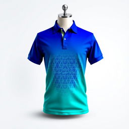 A stylish and modern polo shirt design featuring a vibrant color scheme with a gradient from deep blue to bright teal