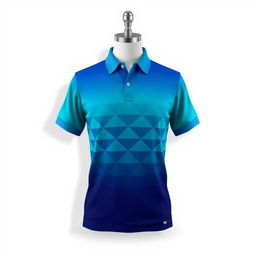 A stylish and modern polo shirt design featuring a vibrant color scheme with a gradient from deep blue to bright teal