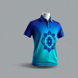 A stylish and modern polo shirt design featuring a vibrant color scheme with a gradient from deep blue to bright teal