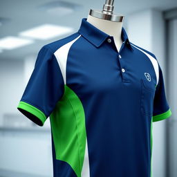 A professional and functional polo shirt design for medical technicians, featuring a deep navy blue base color with bright white and green accents