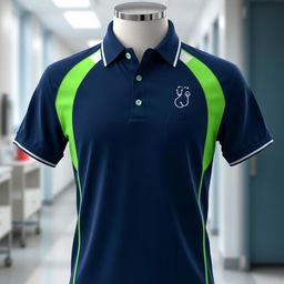 A professional and functional polo shirt design for medical technicians, featuring a deep navy blue base color with bright white and green accents