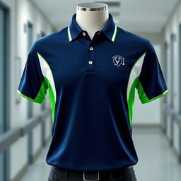 A professional and functional polo shirt design for medical technicians, featuring a deep navy blue base color with bright white and green accents