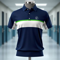 A professional and functional polo shirt design for medical technicians, featuring a deep navy blue base color with bright white and green accents