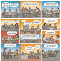 Illustrate a colourful comic strip depicting the process of social marketing, with characters planning, implementing and evaluating campaigns aimed at influencing behaviors for a social good.