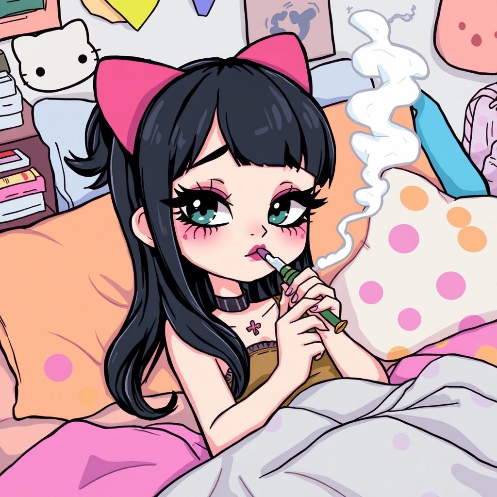 A whimsical and edgy illustration of a character inspired by Hello Kitty, featuring large fake eyelashes and running down mascara, with glossy black hair